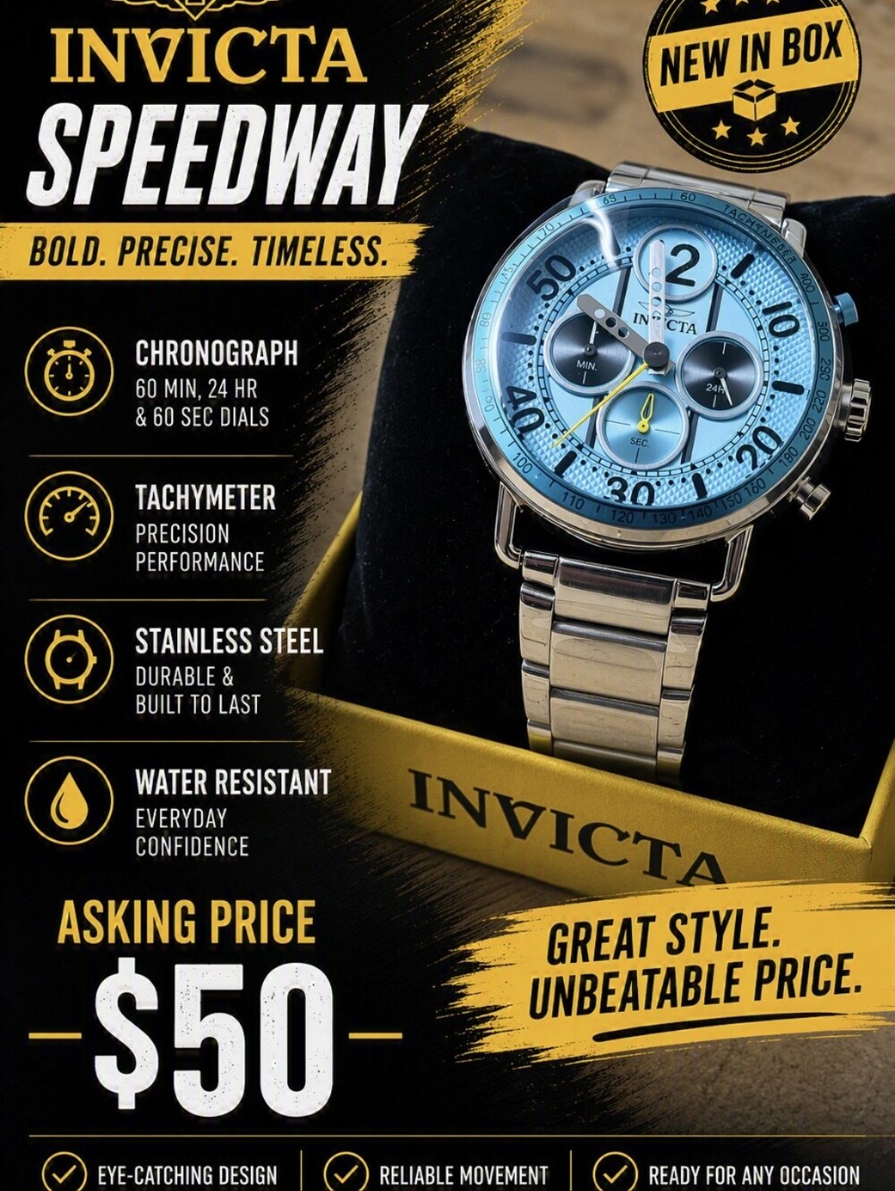 Invicta Stainless Steel Chronograph Watch - Light Blue and Silver